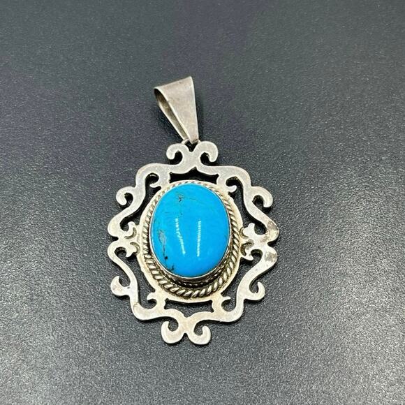 Signed Sterling Silver Blue Turquoise Scroll Filigree pendant TV-75 Mex 925 - Picture 1 of 8